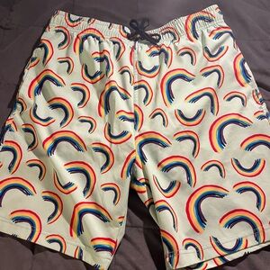 Vibrant Rainbow Patterned Swim Trunks